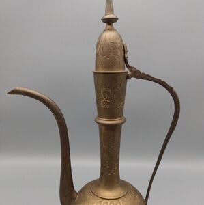 Vintage india etched brass tea/ coffee pitcher